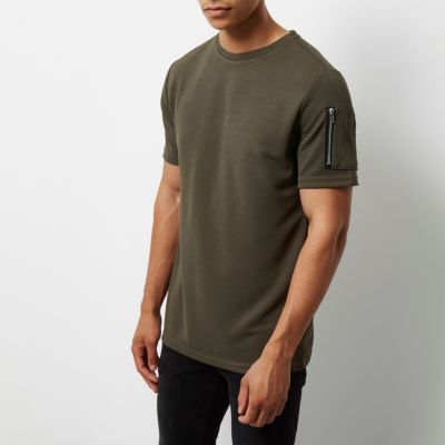 Khaki zip sleeve T-shirt